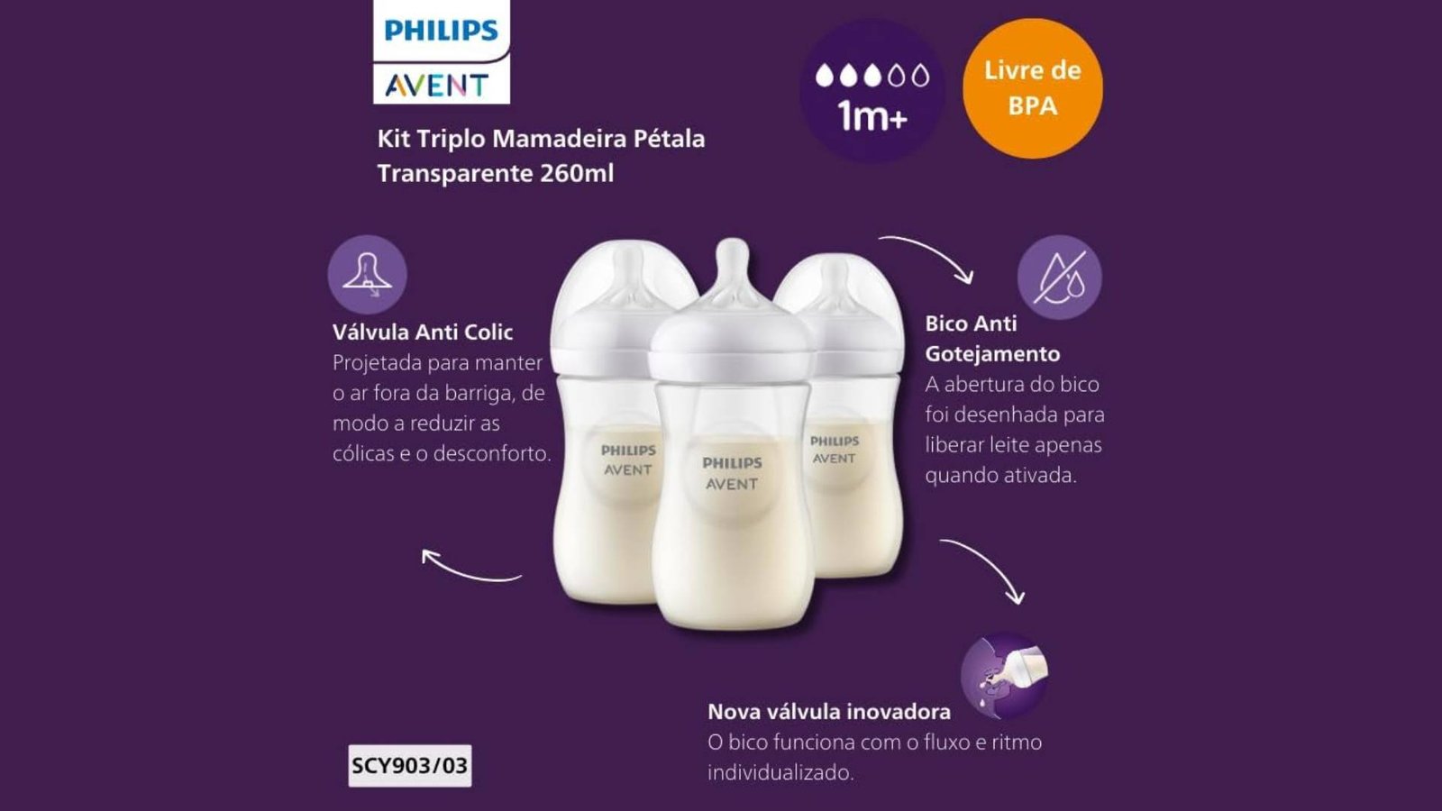 Kit Triplo Mamadeira Pétala 3.0 260ml Transparente